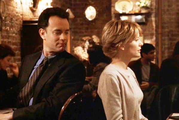 Youve got mail, movie scene with tom hanks and meg ryan at cafe, Real life romcom dealbreakers, things men do in romcoms that would be red flags in real life, romcom stalkers, romantic comedies that are actually creepy